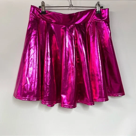 Hot Pink Metallic Futuristic Festival Cybercore Mini Skater Skirt Zenon Costume - Picture 1 of 6